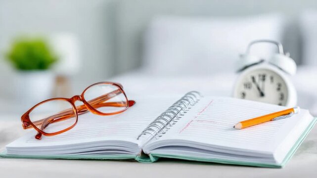 Meticulous Planning: A journal lies open on a surface, accompanied by glasses, and a clock, representing order and planning in a close-up, inviting one to begin.