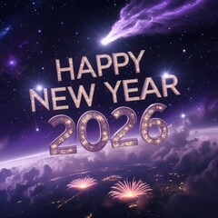 Fototapeta premium Happy New Year 2026 Cosmic Fireworks and Earth View space galaxy new.design creative 4k hd