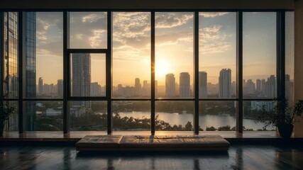 Stunning Sunset Cityscape View from Modern Office Window with Lake and Skyline. - Powered by Adobe