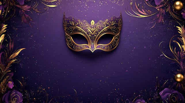 Elegant ornate golden venetian masquerade mask centered on a deep purple background with sparkling confetti and decorative elements