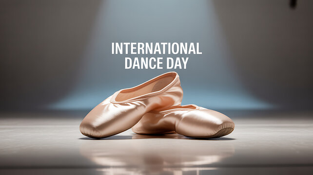 A pair of ballet pointe shoes on a stage floor with spotlight, celebrating International Dance Day