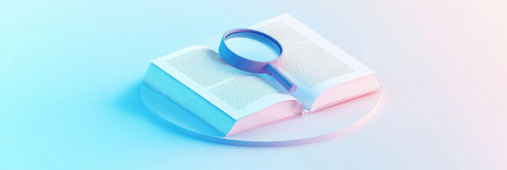 Creative abstract business background featuring book with magnifying glass for World Book Day technology education concept. Modern 3D illustration design for digital marketing materials and poster bac