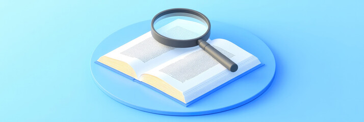 Creative abstract business background featuring book with magnifying glass for World Book Day technology education concept. Modern 3D illustration design for digital marketing materials and poster bac