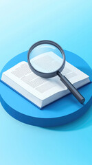 Creative abstract business background featuring book with magnifying glass for World Book Day technology education concept. Modern 3D illustration design for digital marketing materials and poster bac