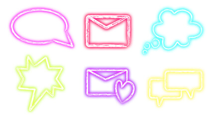 Bright neon chat bubbles and message icons glowing in vibrant colors communication set