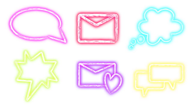 Bright neon chat bubbles and message icons glowing in vibrant colors communication set
