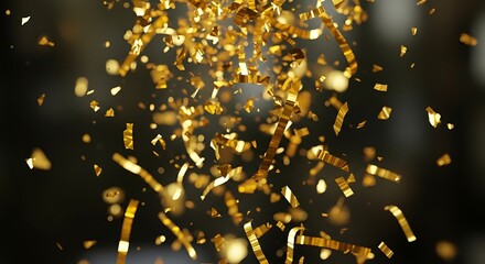 Elegant cascade of golden confetti and ribbons against a blurred dark background, symbolizing celebration and festive