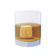 Glass of Whiskey with Ice Cube on a White Background