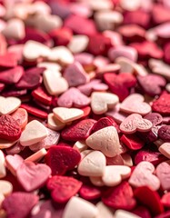 A close-up view of many small, heart-shaped candies in various shades of red, pink, and white