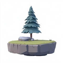Cartoon Style Tree on a Floating Island in Minimalist Design