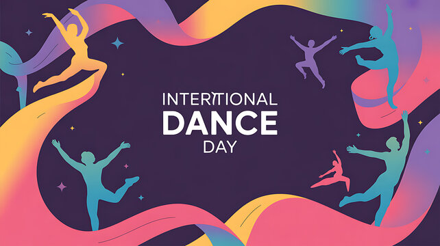 International Dance Day celebration with colorful silhouettes of dancers in motion against a vibrant background