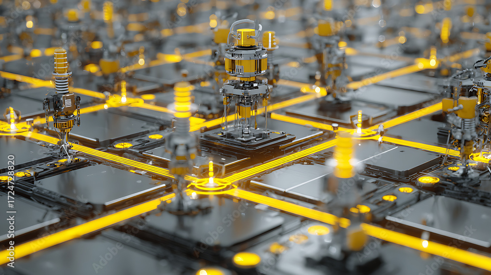 Poster precision robotics operating on a grid of yellow energy nodes