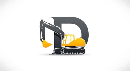 A stylized illustration of a construction excavator integrated within the letter D, showcasing a bold design element.
