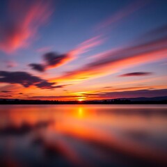 Obraz premium Vibrant sunset colors reflected on a still lake, showcasing a dramatic sky filled with moving clouds.