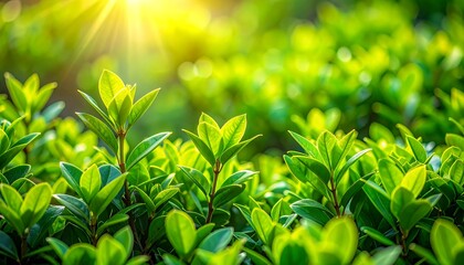 A close-up of lush green leaves bathed in sunlight, creating a vibrant and fresh outdoor scene