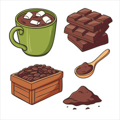 Cartoon illustration set with cocoa and chocolate ingredients. Includes cup of hot chocolate with marshmallows, a box with cocoa beans, cocoa powder. Perfect for food design, packaging, cafe menu 