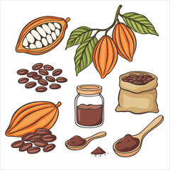 Cartoon illustration set with cocoa fruits and ingredients. Includes cacao pods, beans, branch with leaves, glass jar with cocoa powder. Perfect for food design, packaging, recipes, cafe menus