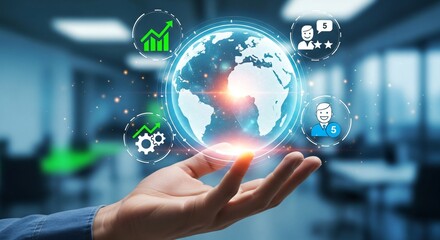 Global Innovation in the Digital Age: An open hand cradles a glowing holographic globe.