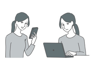 スマートフォンやノートパソコンでネットを見ている若い女性のイラストのセット