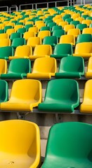 Rows of vibrant yellow and green stadium seats fill the stands, creating a striking pattern.