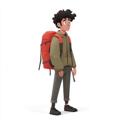 Young Adventurer with Backpack in Casual Attire, Cartoon Style