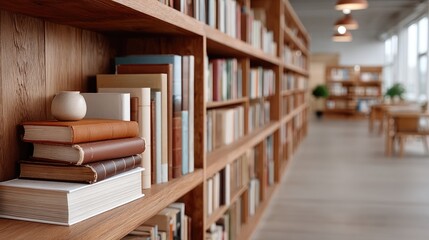 Obraz premium Old Vintage Books Displayed on Wooden Shelves in Warm Moody Library Interior
