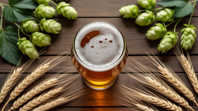 A glass of beer with foam, surrounded by hops and wheat on a wooden surface