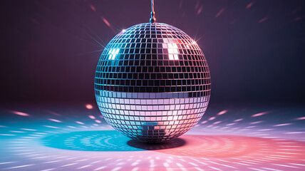 Obraz premium A reflective disco ball suspended in a dark space, casting colorful light patterns on the floor below.