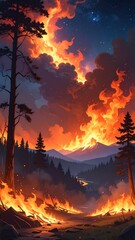 Burning forest at night