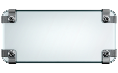Rectangular Glass Plate with Metal Corner Fasteners isolated on a transparent background