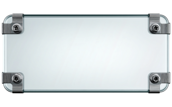 Rectangular Glass Plate with Metal Corner Fasteners isolated on a transparent background
