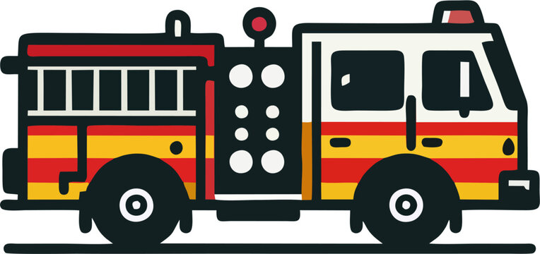 Minimalist Vector Fire Engine Side View &ndash; Modern Cartoon Emergency Vehicle Illustration with Bold Lines