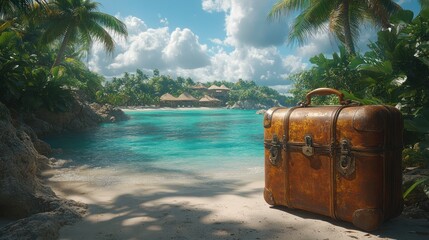 Fototapeta premium A tropical paradise with a giant suitcase converted into a vacation home, palm trees and a beachfront resort in the distance