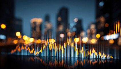 Abstract representation of financial market trends with blurred city lights in the background