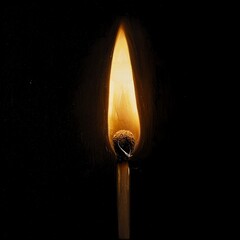 a wooden matchstick that is lit against a pitch-black background. The flame is a bright yellow orange that extends upwards, emitting a warm glow that contrasts with the darkness around it