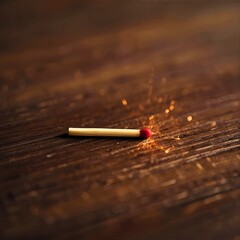 a wooden matchstick with a red head placed on a dark brown wooden surface