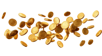 Pile of gold coins falling in mid-air isolated on a transparent background