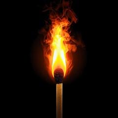 a wooden matchstick that is burning brightly against a pitch black background. The flames are a yellow orange red color, flickering upward with a wavy tongue of fire and thin smoke.