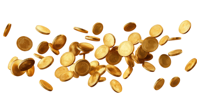 Pile of gold coins falling in mid-air isolated on a transparent background