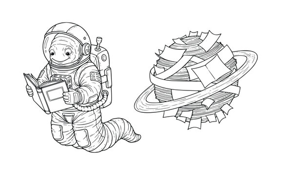 simple coloring boock Vector art of an astronaut is reading a book next to a planet made of books