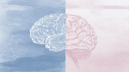logic. An abstract brain illustration with dual-tone design, representing cognitive functions artistically. STEM education sheets, lab safety posters, designed for biotech research communications.