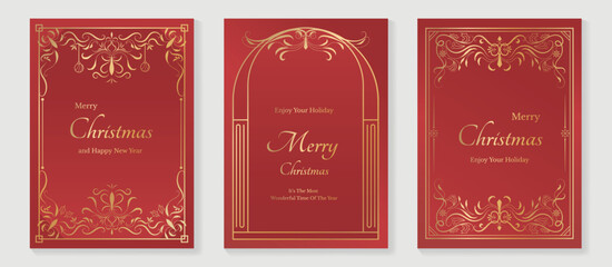 Fototapeta na wymiar Christmas and Happy Holidays poster vector set. Luxury card template with Victoria frame, leaves and ornament vintage border on red background. Design illustration for cover, poster, packaging.
