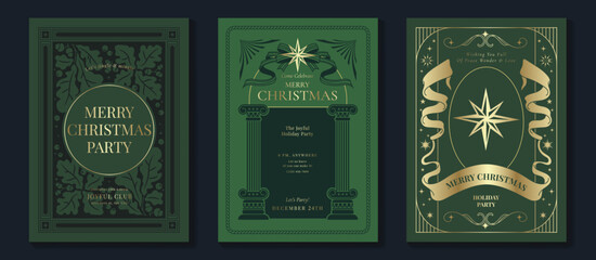 Obraz na płótnie Canvas Christmas and Happy Holidays poster vector set. Luxury card template with Victoria frame, leaves, ribbon ornament vintage border on green background. Design illustration for cover, poster, packaging.