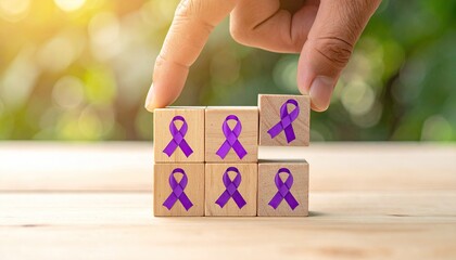 Hand placing a purple ribbon-emblazoned wooden block onto a structure of similar blocks