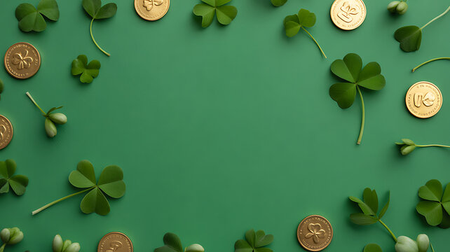 Green background with four-leaf clovers and gold coins arranged in a border pattern