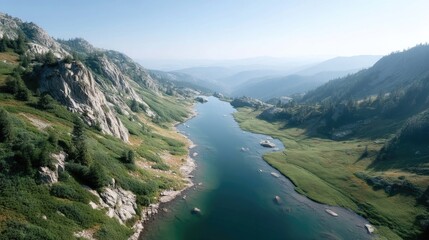 Aerial View of Mountain Lake Landscape with Rocky Cliffs and Greenery under Blue Sky
