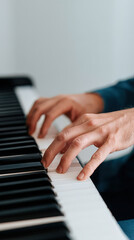 Fototapeta premium Fingers pressing piano keys creating cozy music indoors with minimalist style and warm natural light ambiance
