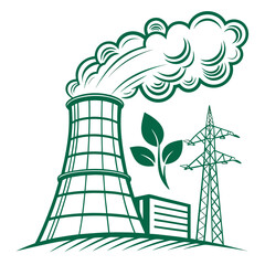 Illustration of a green energy power plant with leaves and an electricity pylon, symbolizing sustainable energy and environmental responsibility