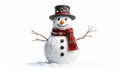 Fototapeta premium A cheerful snowman isolated on white, carrot nose and scarf detail