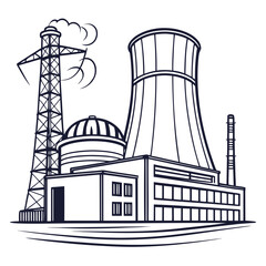 Illustration of a nuclear power plant with a cooling tower, power lines, and reactor dome, representing energy production and industrial infrastructure